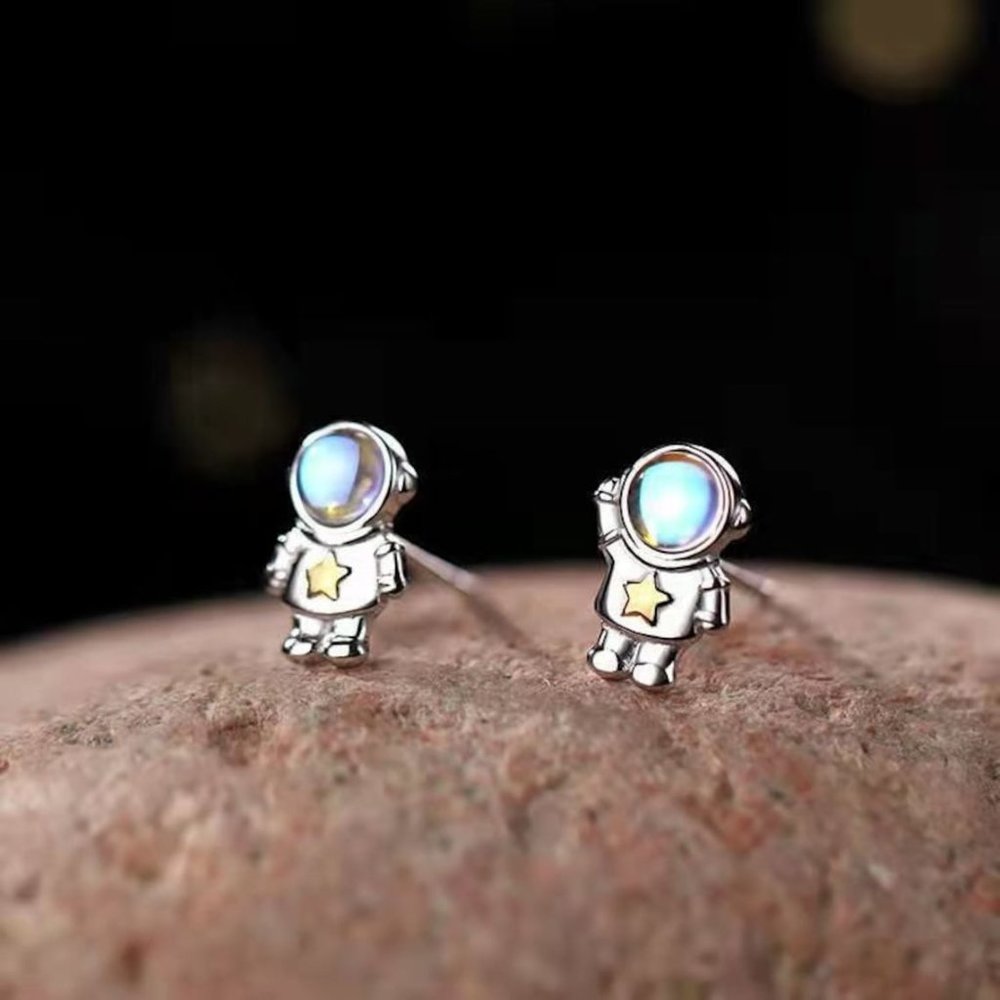 Space Astronaut Stud Earrings Moonstone Crystal Earrings Minimalist Dainty
